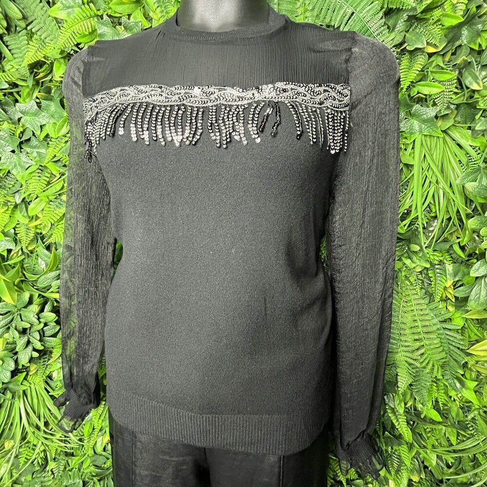 Ontwelfth Tops Women XL Black Sweater Blouse With Sequins Sheer Sleeve‎  0145 - Picture 5 of 13